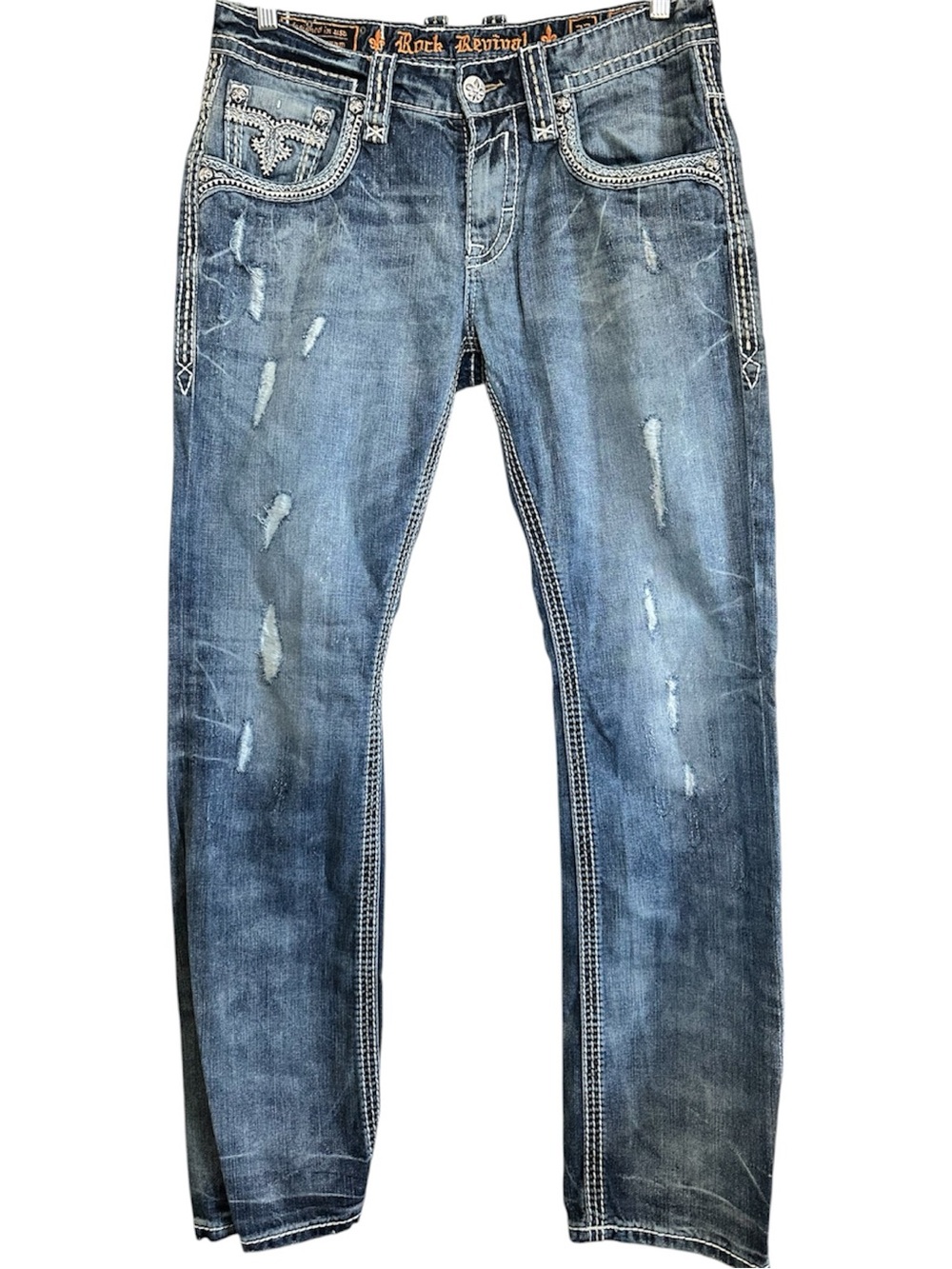 Rock Revival Ocean Straight Distressed Blue Jeans - Picture 2 of 10